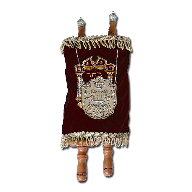 Torah Scroll with a Burgundy Velvet Cover and Accessories (13")