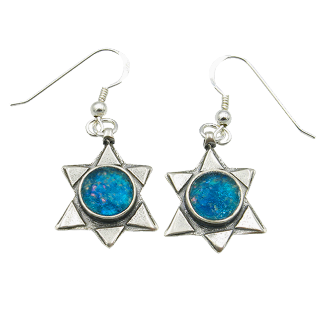 Sterling Silver and Roman Glass Star of David Earrings by Michal Kirat