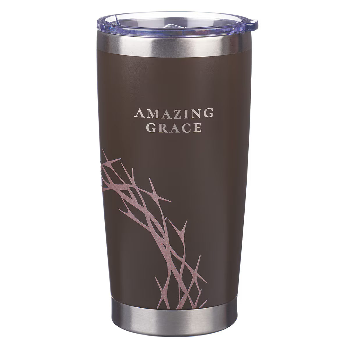 Brown tumbler with 'Amazing Grace' text and branch design