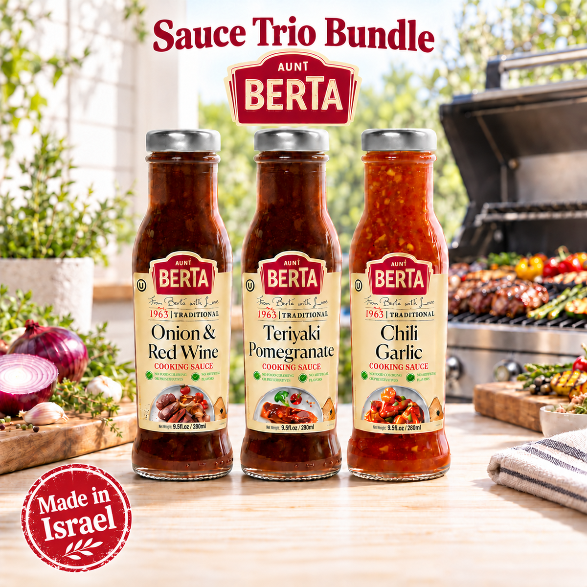 Aunt Berta cooking sauce variety pack with Chilli Garlic, Teriyaki Pomegranate and Onion Red Wine