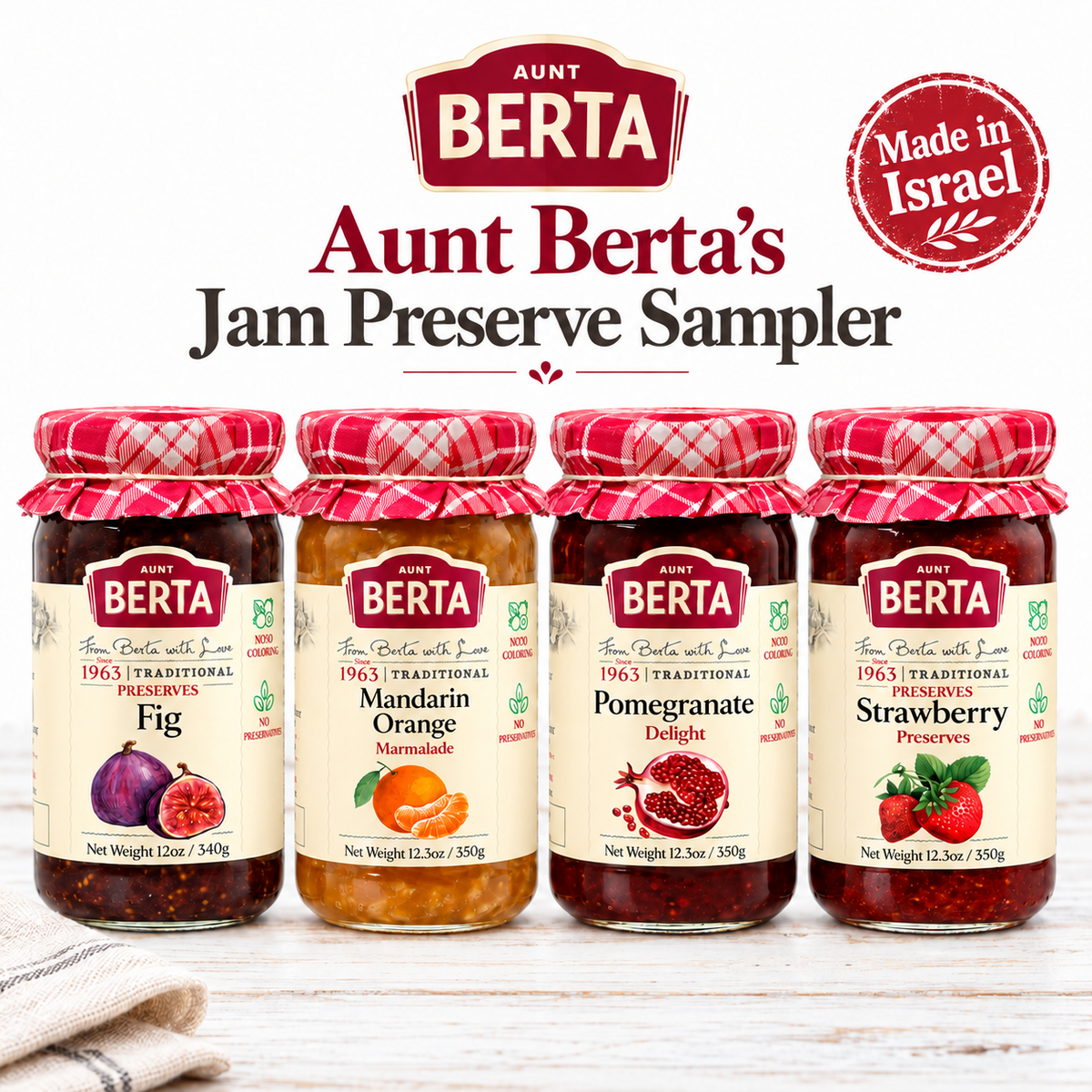 Aunt Berta jam and preserves gift set with Fig, Pomegranate, Mandarin Orange and Strawberry