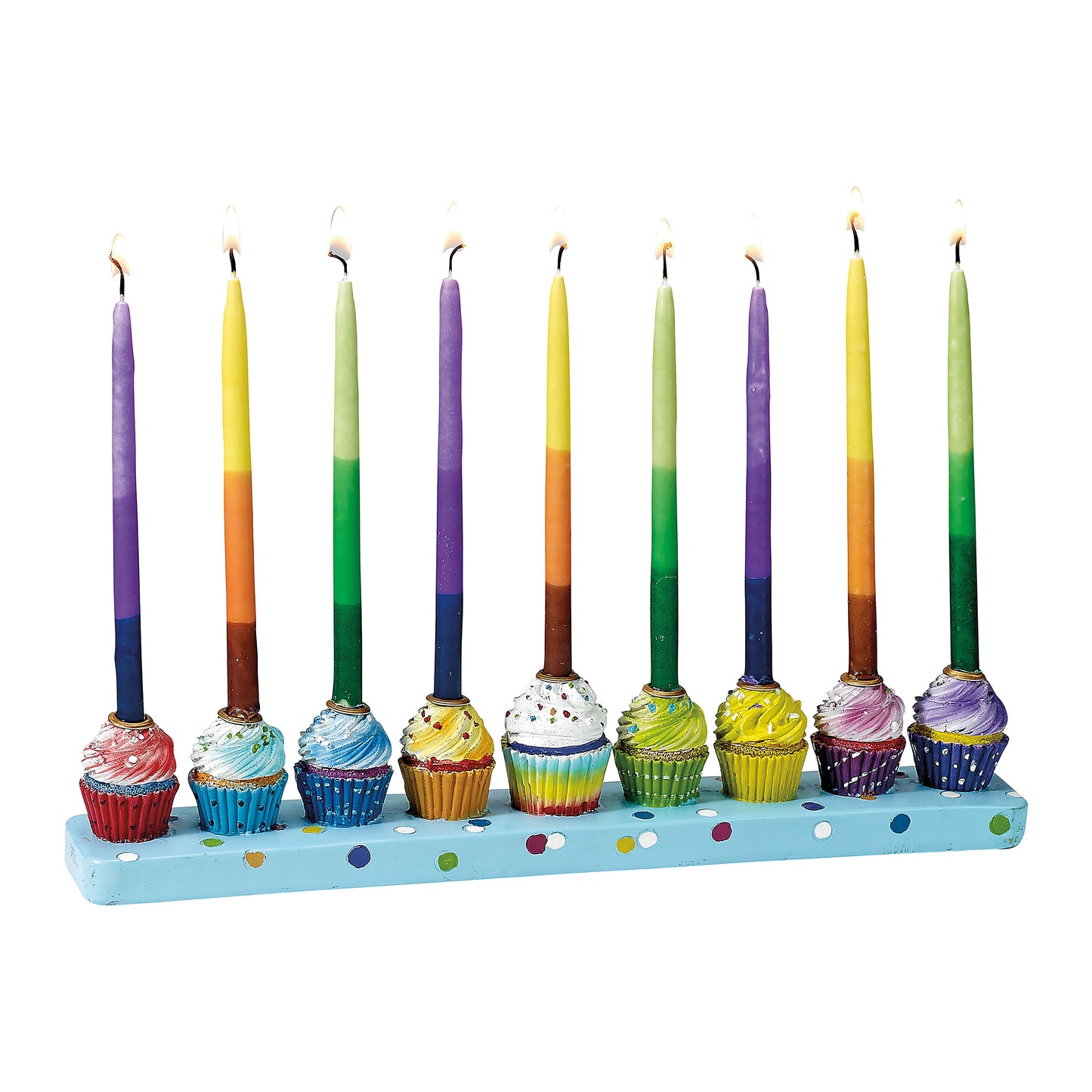 Cupcake hanukkiah with lit tri colored candles
