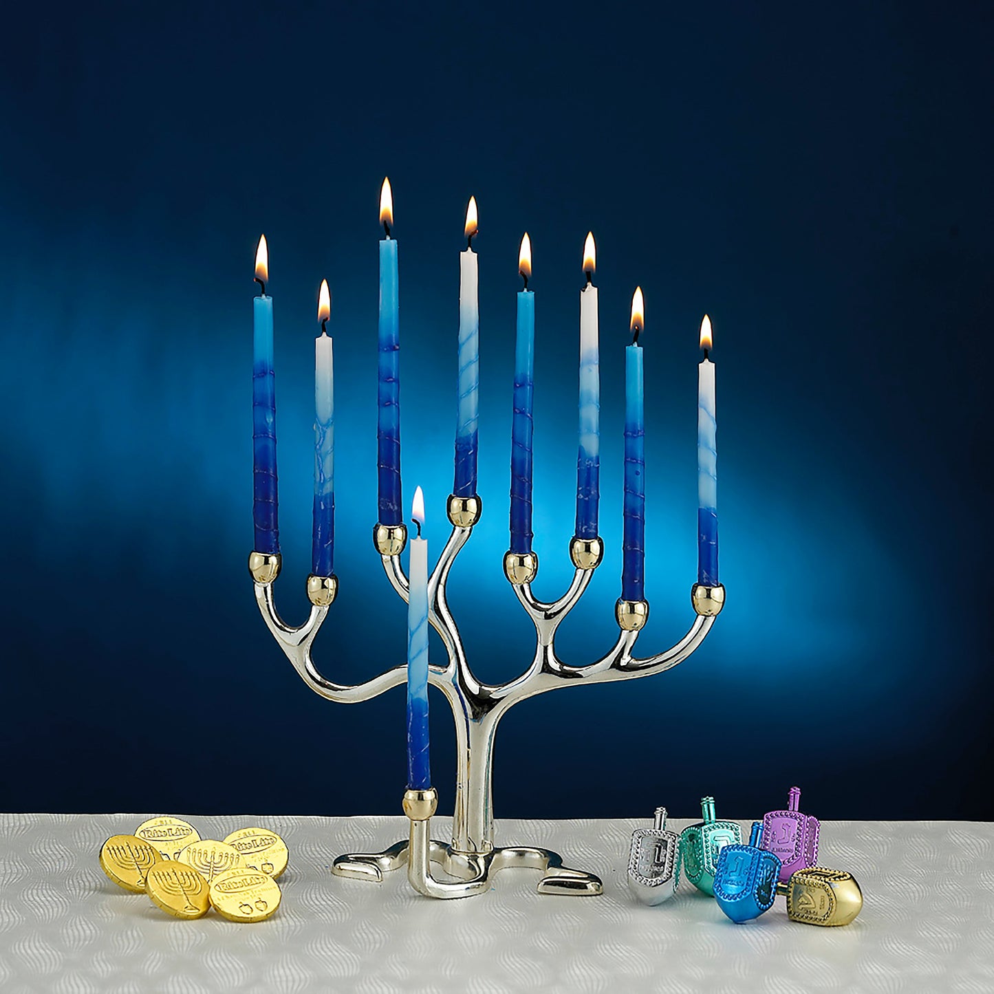 Hanukkiah with, lit, tri color, decorated blue and white