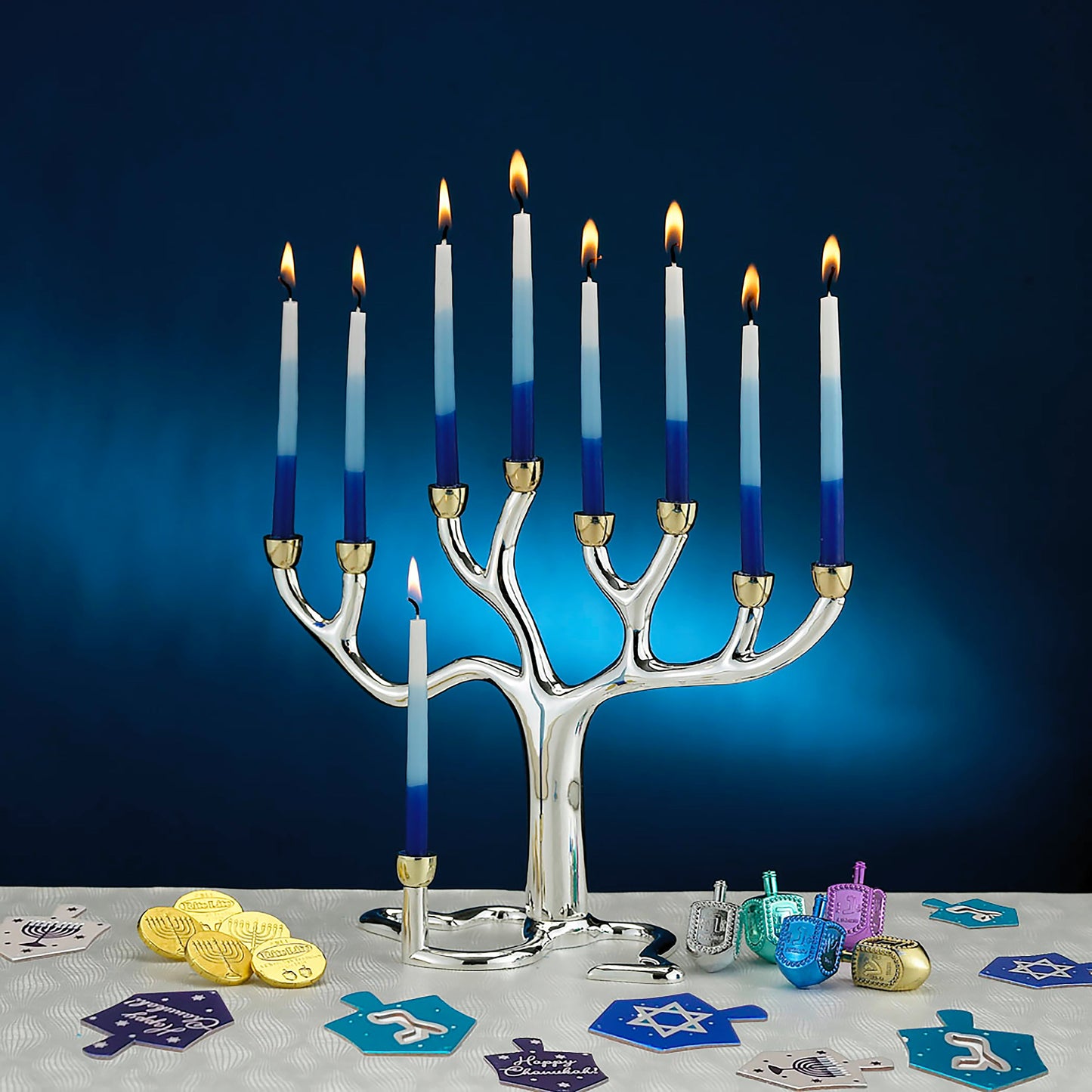 Candles burning from a Hanukkiah Dark Background