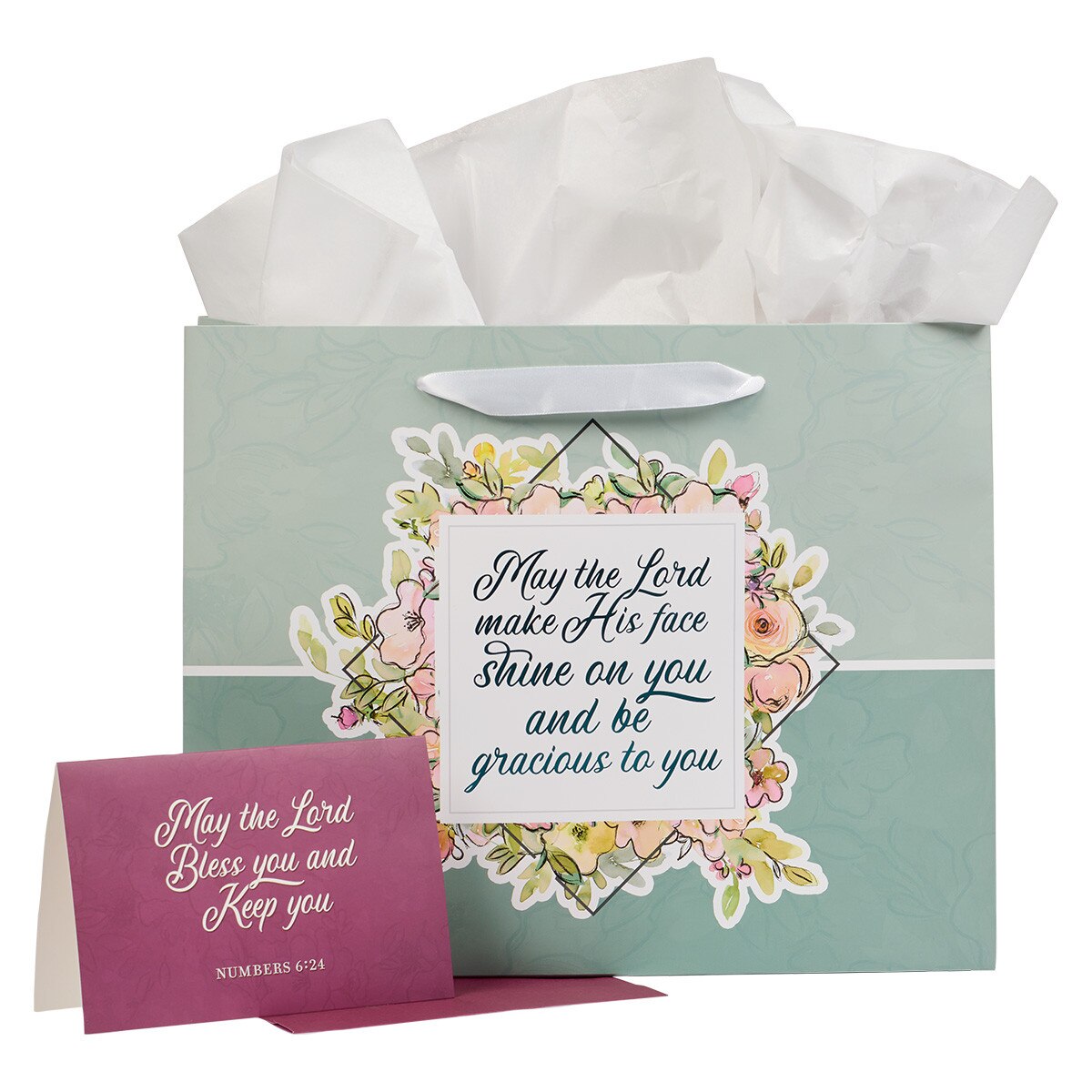 Teal gift bag with Numbers 6:25 and fuchsia pink greeting card with Numbers 6:24 written on it