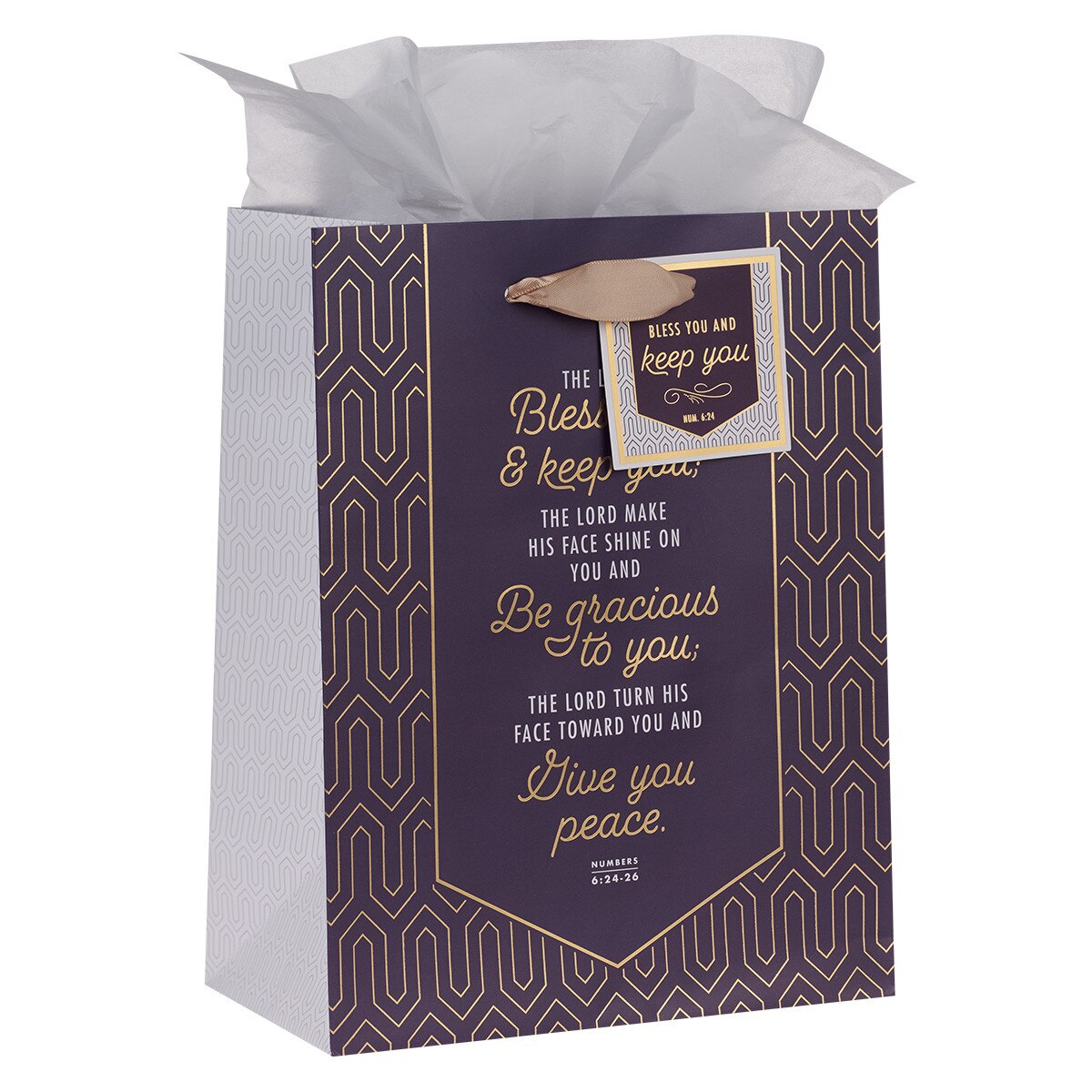 Bless You and Keep You Geometric Purple Medium Gift Bag at an angle