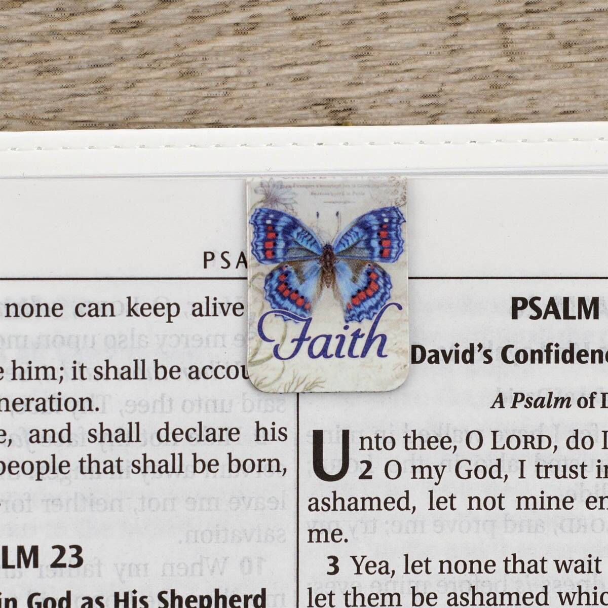 Butterfly Blessings Mini Magnetic Bookmark used on a page of the BIble