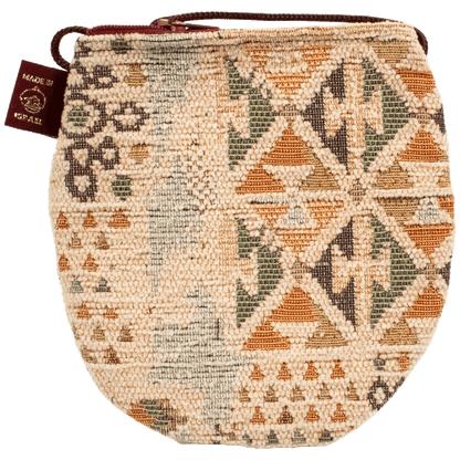 Beige purse with geometric patterns earthy tones and burgundy zipper