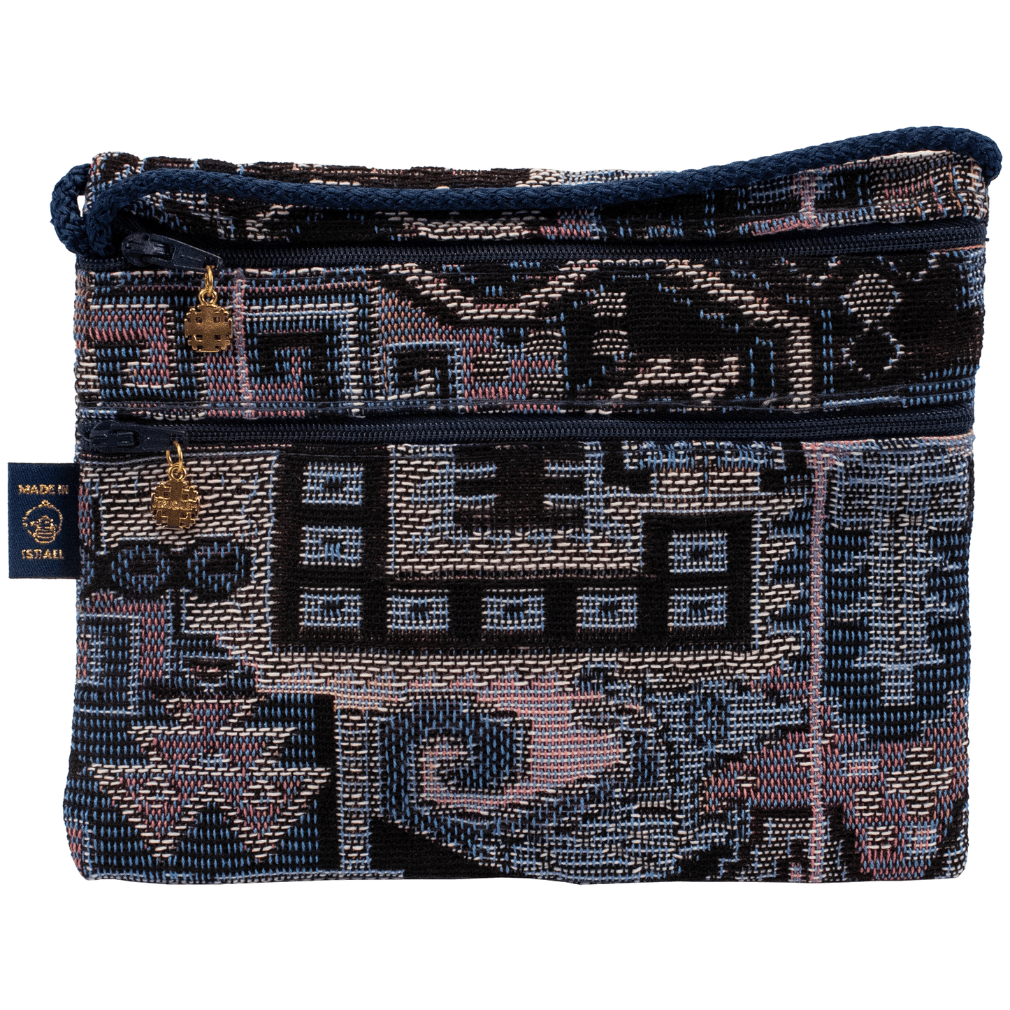 Double zipper horizontal crossbody bag with blue and lavender tones and Mosaic Tribal pattern