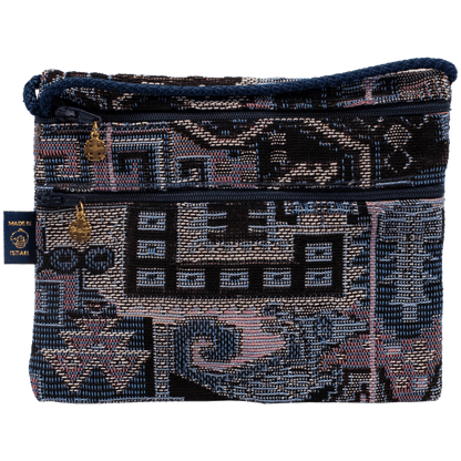 Double zipper horizontal crossbody bag with blue and lavender tones and Mosaic Tribal pattern