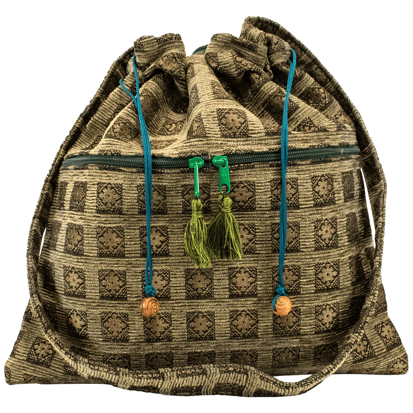 Large drawstring purse mossy green with shimmery square floral tile pattern