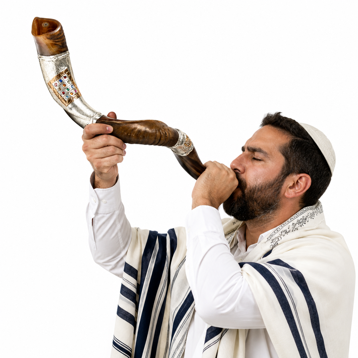Yemenite Shofar 40" - 42" - Silver Plated Breastplate Design