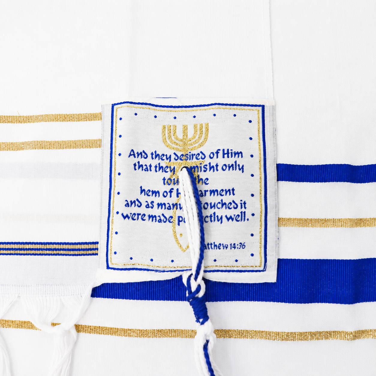 Prayer shawl Matthew 14 verse corner with blue white tzitzit