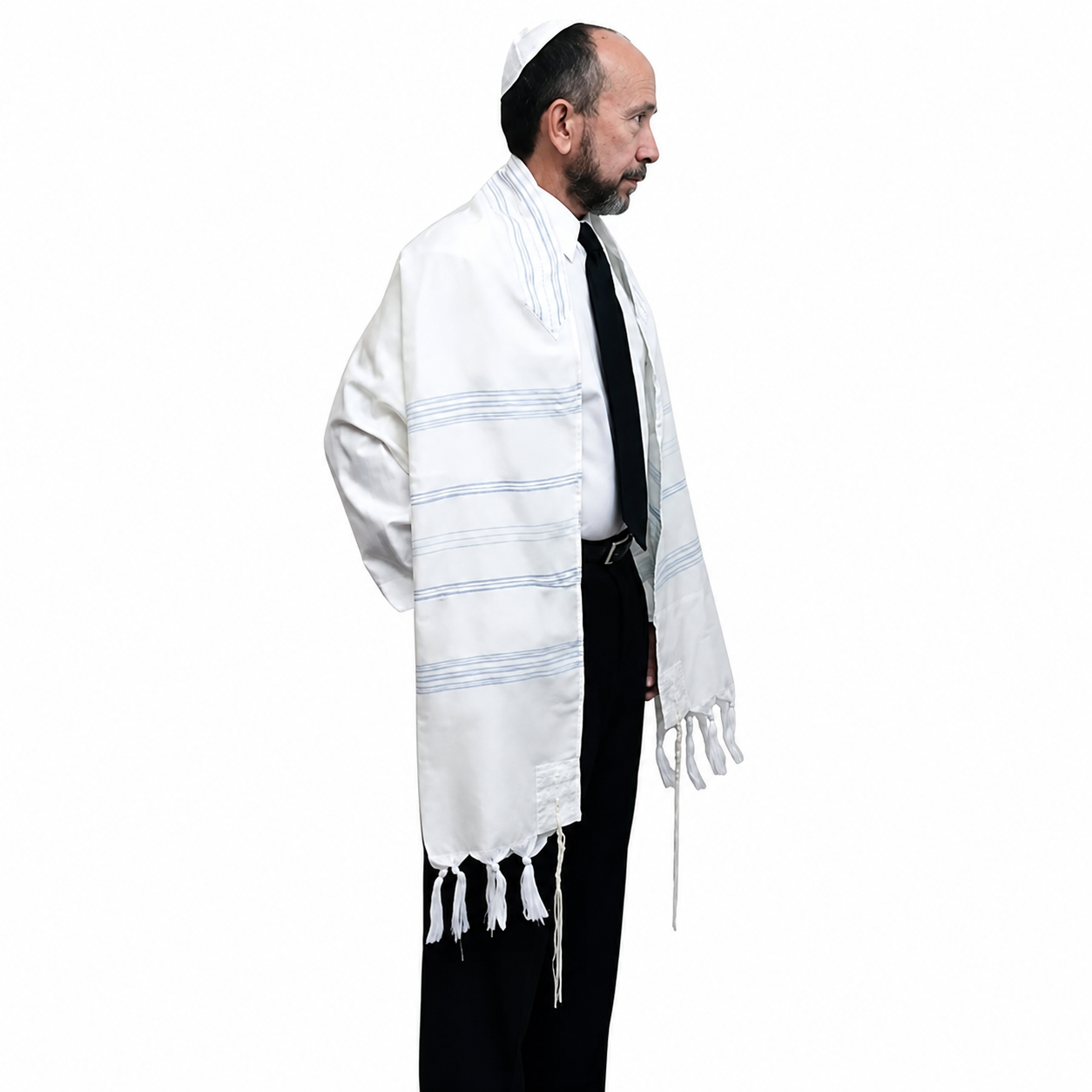 Man wearing ivory blue and silver Gabrieli silk tallit prayer shawl