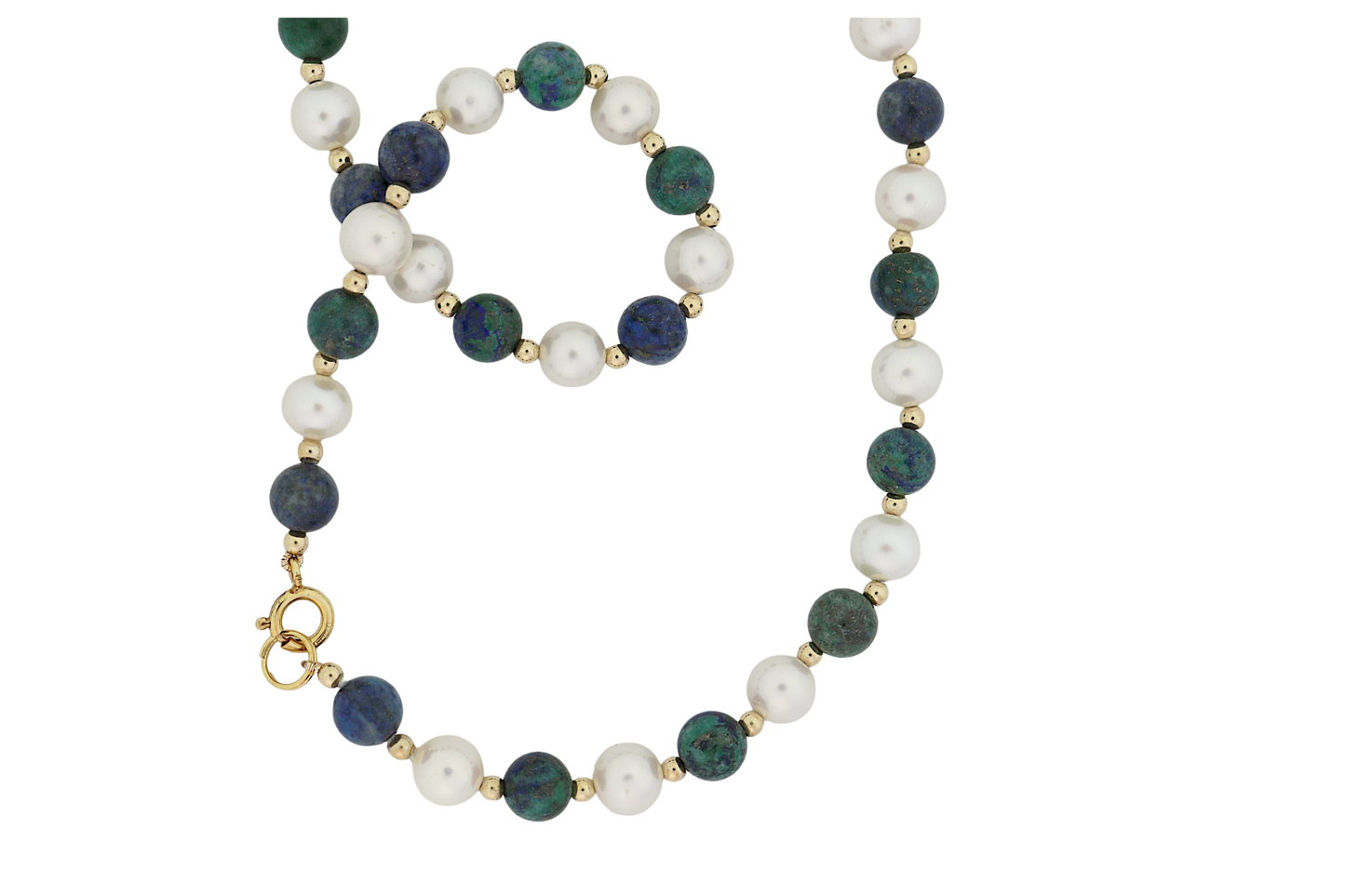 Close-up view of Eilat Stone and Pearl Bead Necklace
