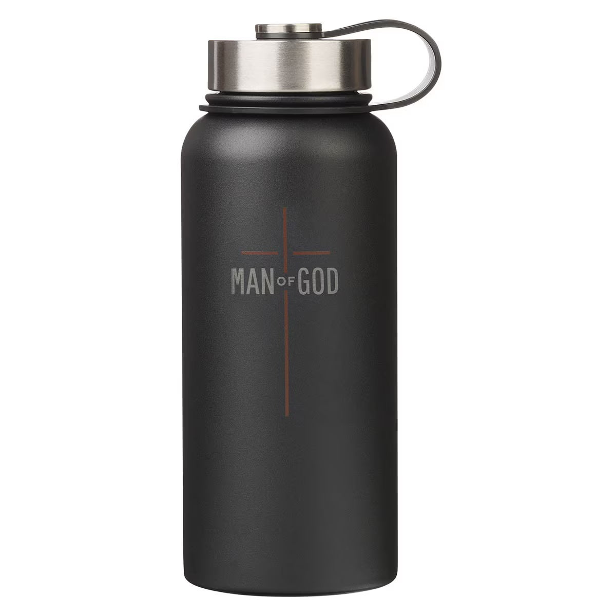 Black Stainless Steel Water Bottle with red cross design and the phrase 'Man of God'
