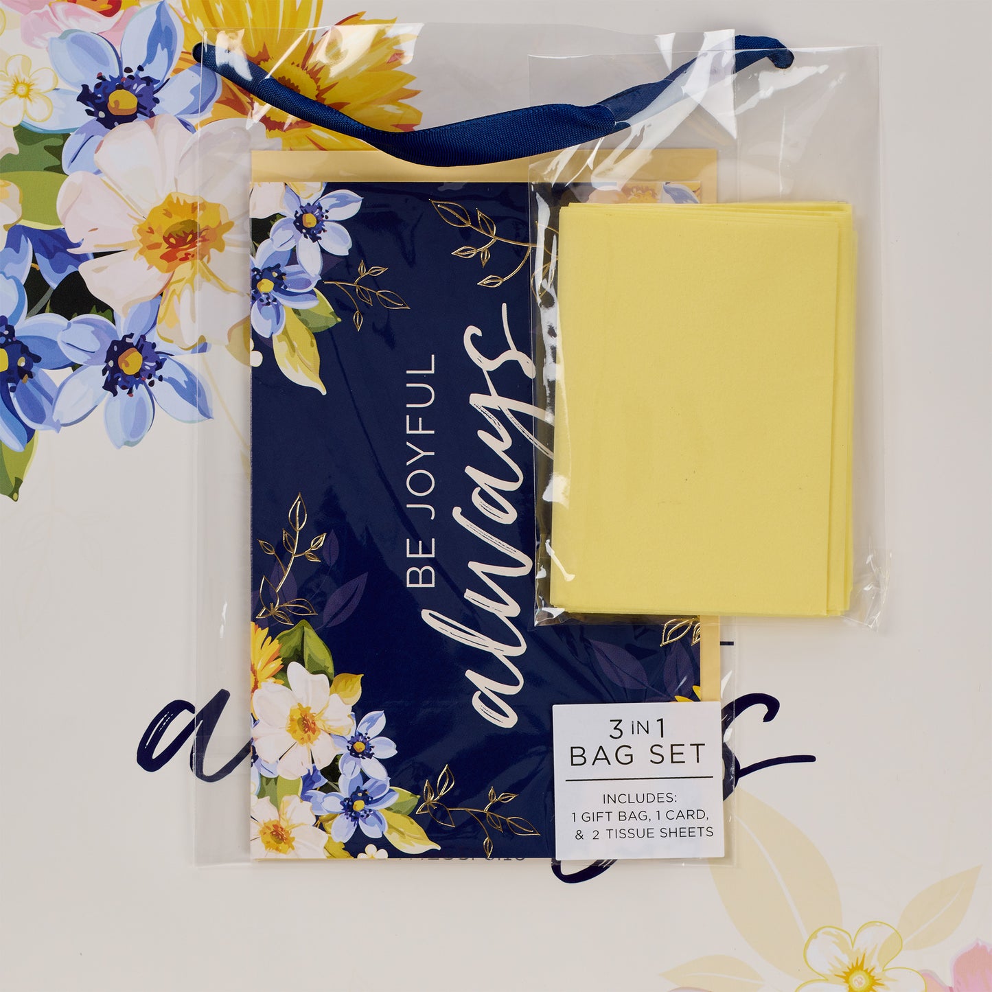 Be Joyful Always Yellow and Navy Blue Floral Portrait Gift Bag with Card Set – 1 Thessalonians 5:16