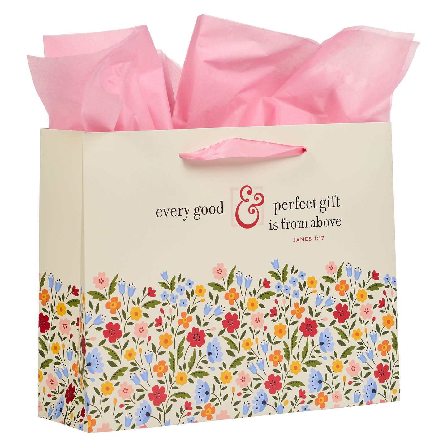 Every Good & Perfect Gift Peach Floral Large Landscape Gift Bag and Card Set - James 1:17