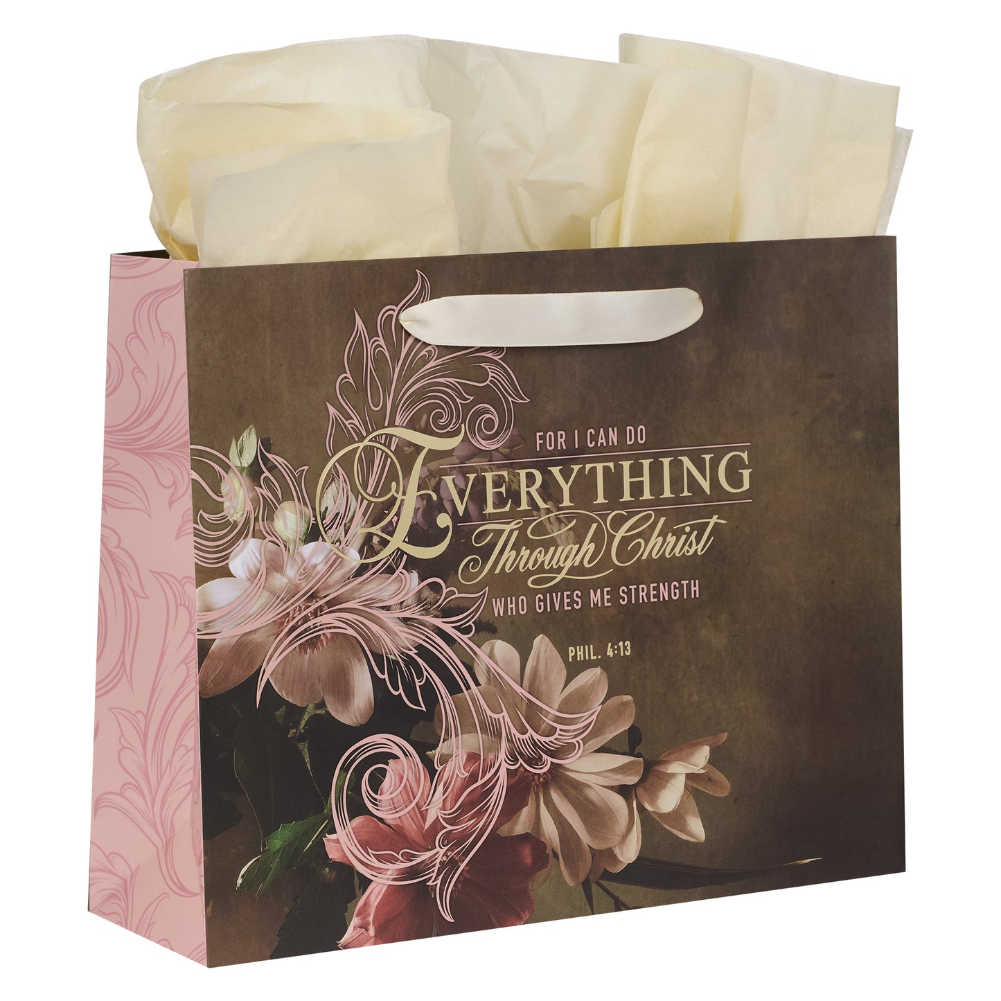 Through Christ Fluted Iris Brown and Pink Large Landscape Gift Bag with Card - Philippians 4:13