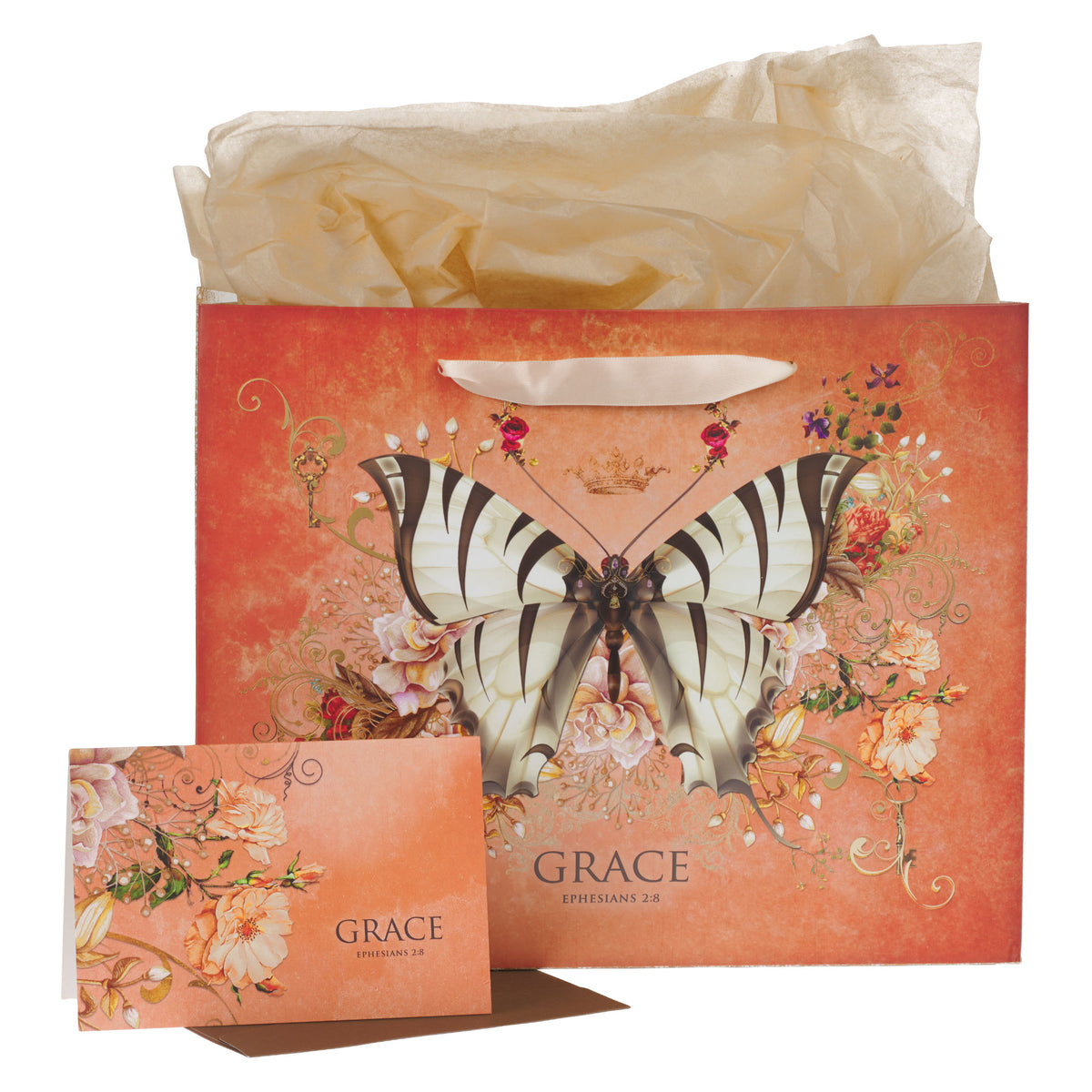 Grace Butterfly Orange Large Gift Bag featuring Ephesians 2:8