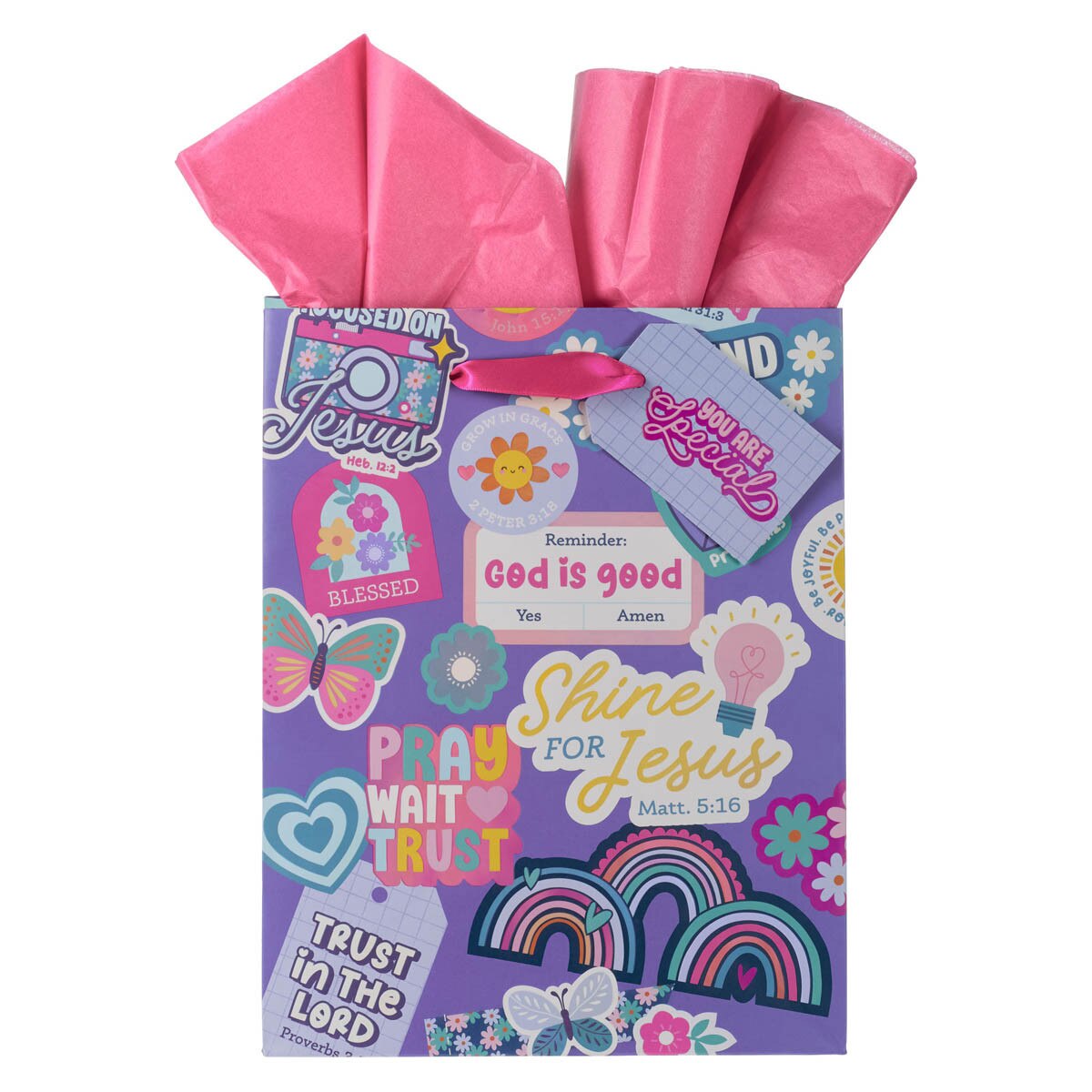 Shine for Jesus Purple Sticker Medium Gift Bag featuring Matthew 5:16