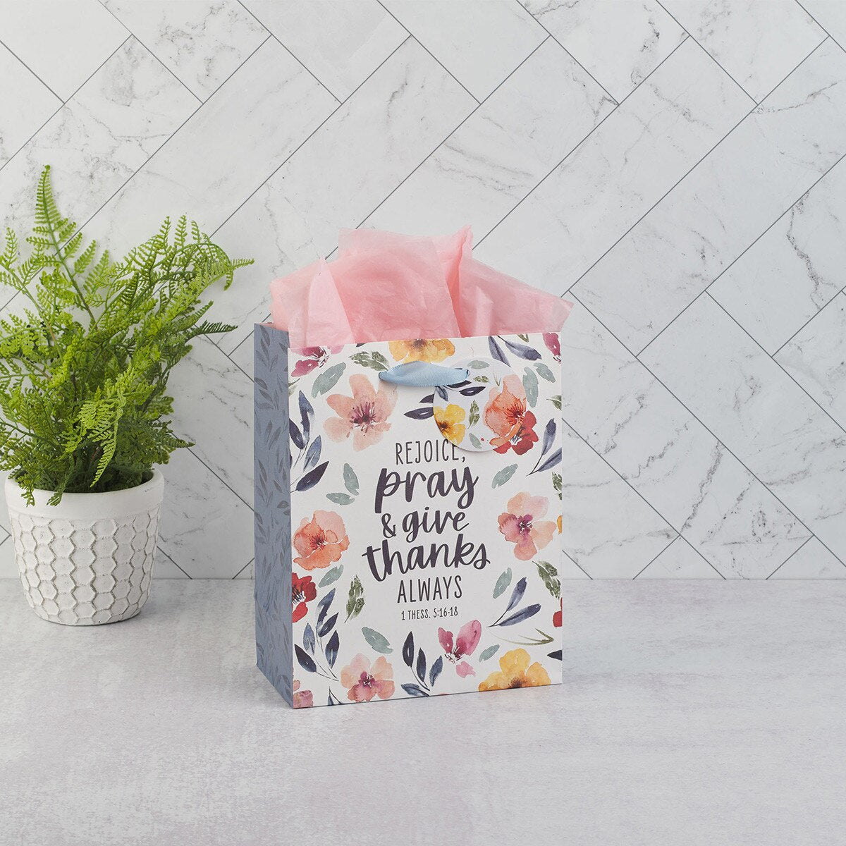 Rejoice Bright Floral Medium Gift Bag - 1 Thessalonians 5:16-18