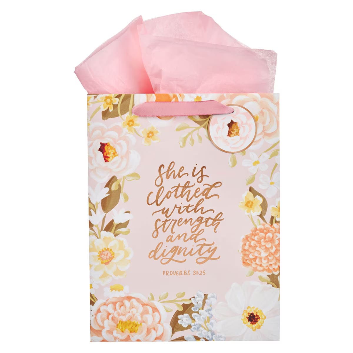 Strength & Dignity Pink Floral Large Gift Bag featuring Proverbs 31:25