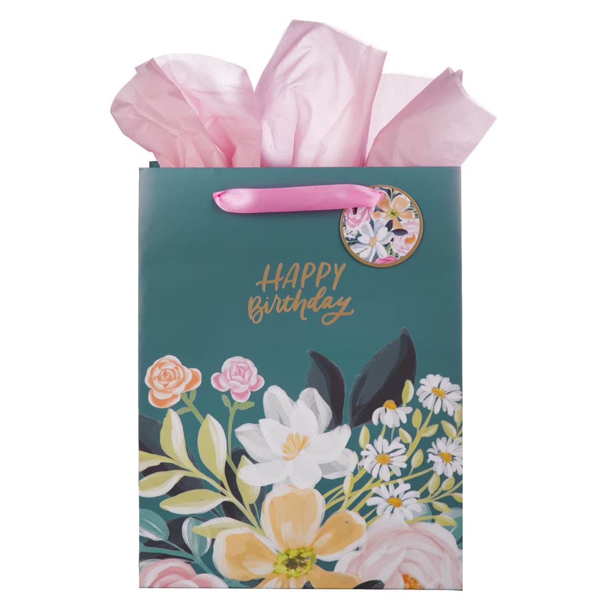 Happy Birthday Teal Floral Large Gift Bag