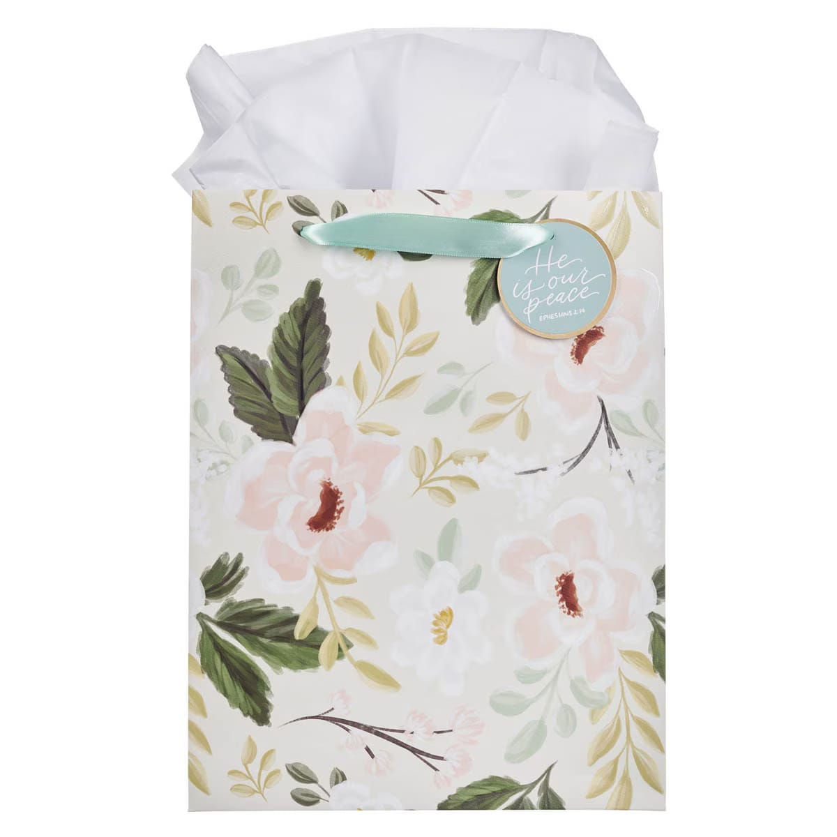 He is Our Peace Green Floral Large Gift Bag featuring Ephesians 2:14