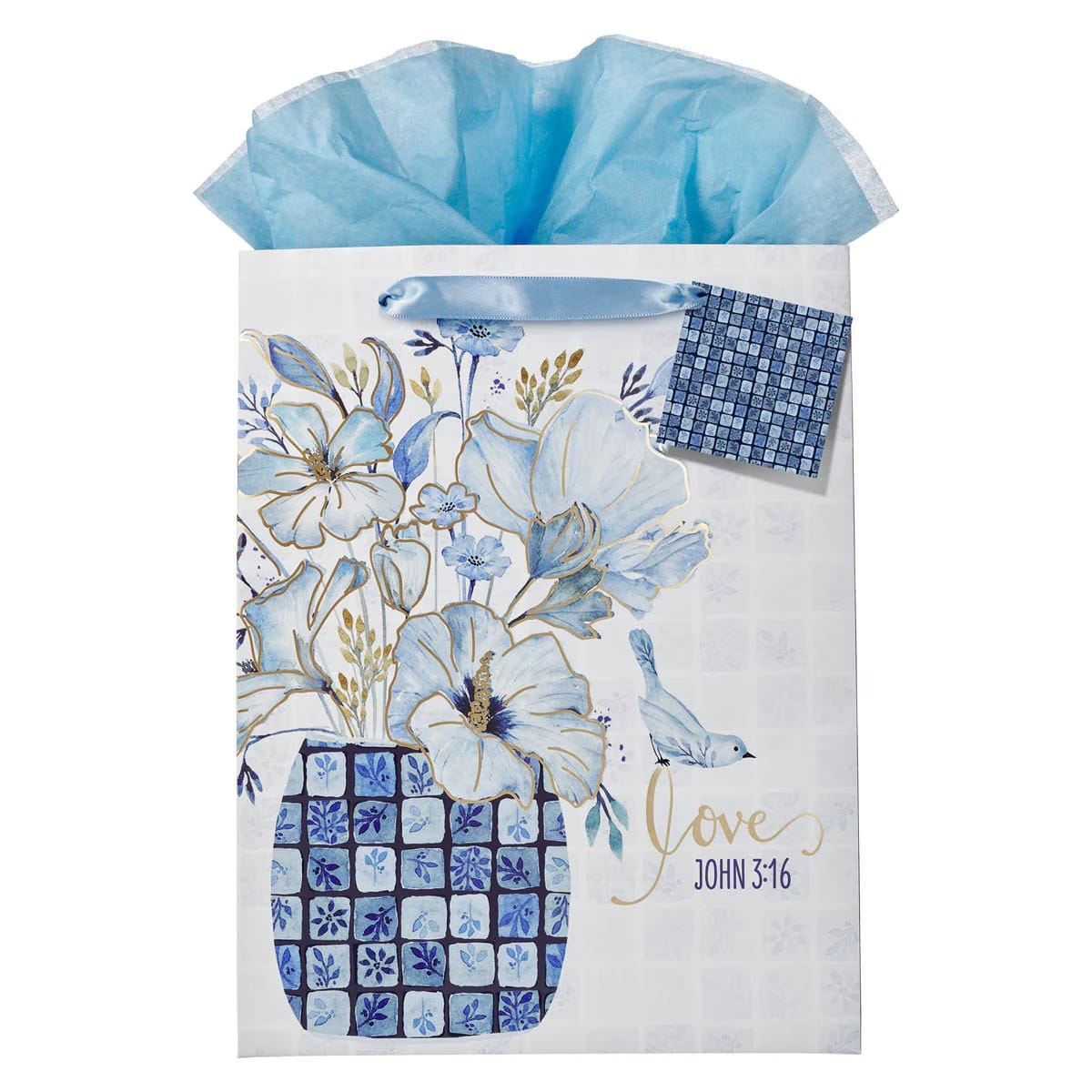 Love Blue Mosaic Tile Large Gift Bag featuring John 3:16