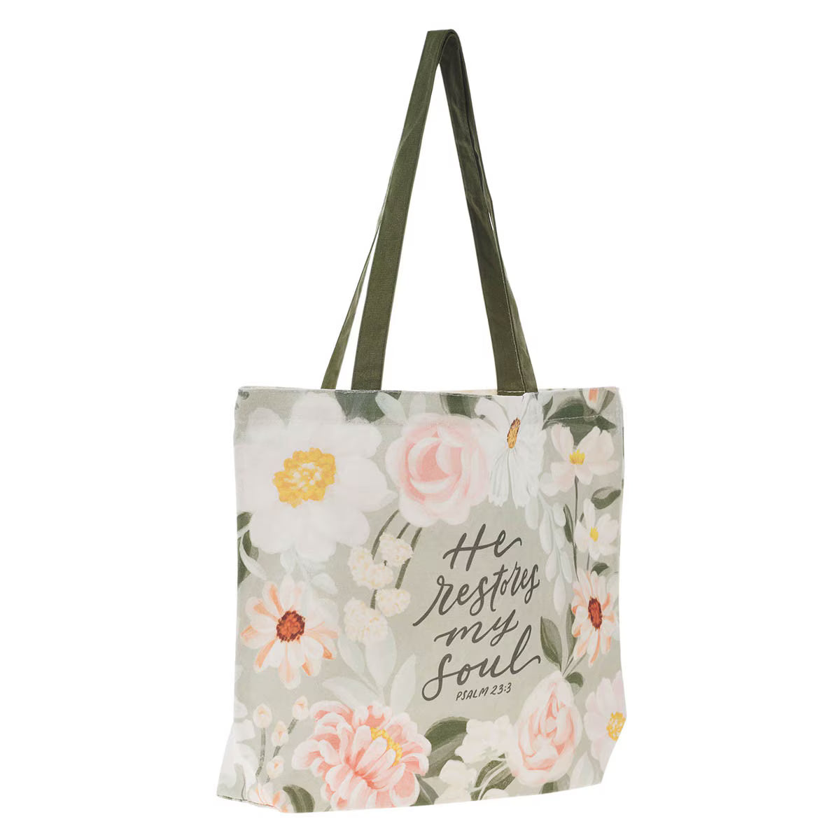 He Restores My Soul Green Floral Garden Tote Bag - Psalm 23:3