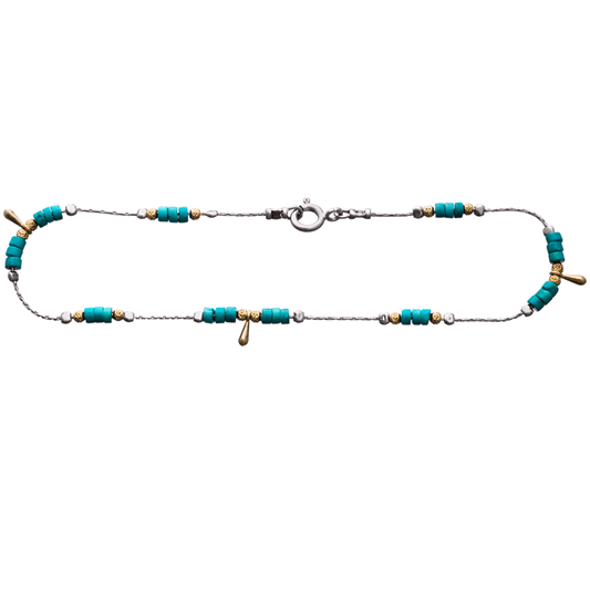 Silver anklet with turquoise, silver, and gold beads