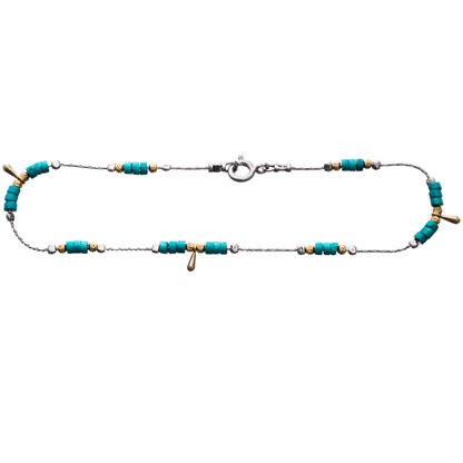 Silver anklet with turquoise, silver, and gold beads