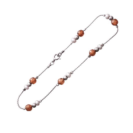 Sterling silver anklet with orange coral stone, pearl, and sterling silver beads