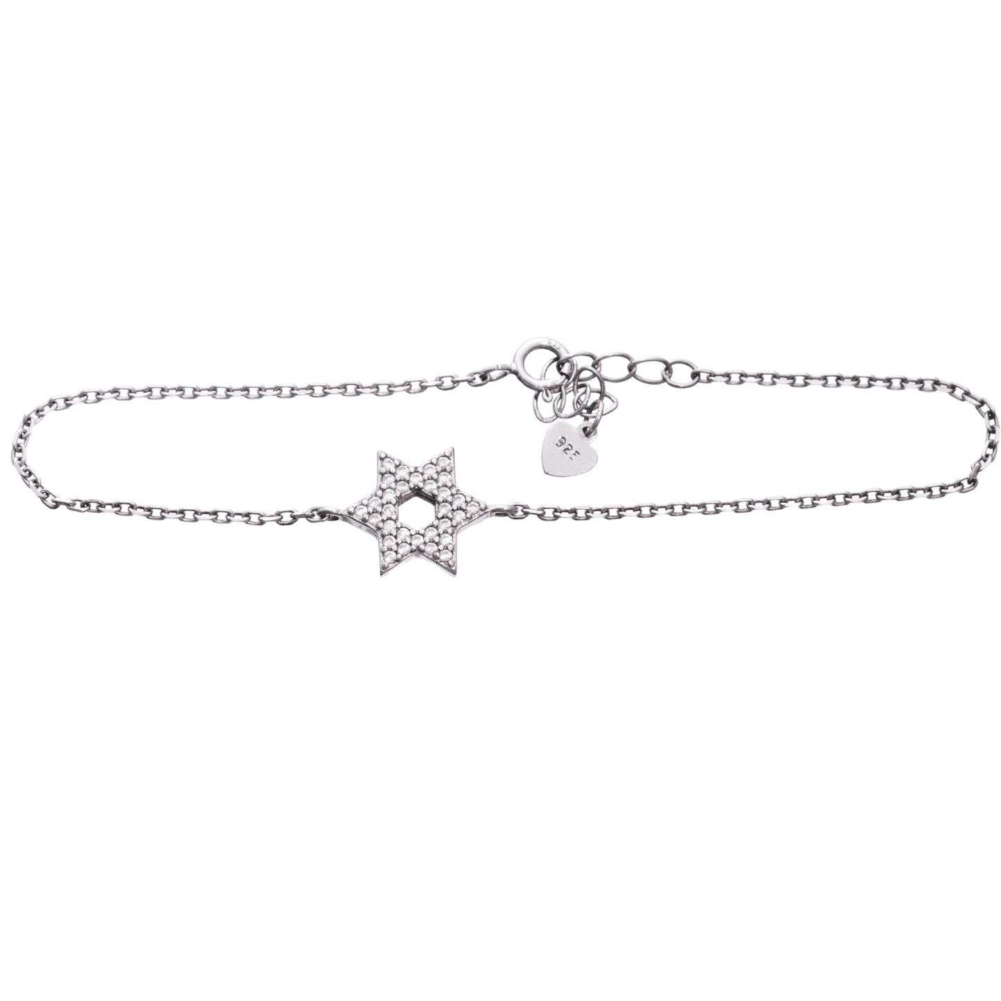 Sterling silver chain bracelet with an open star design embedded with clear crystals
