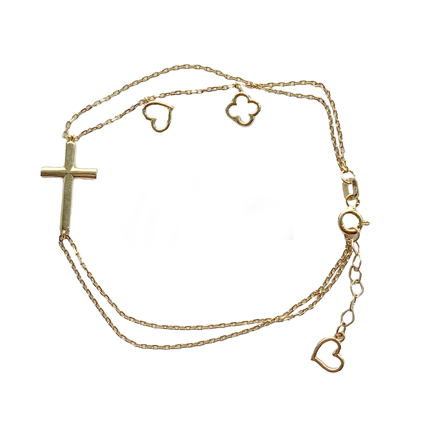 14K Gold Cross Bracelet with Heart and Flower Ornaments
