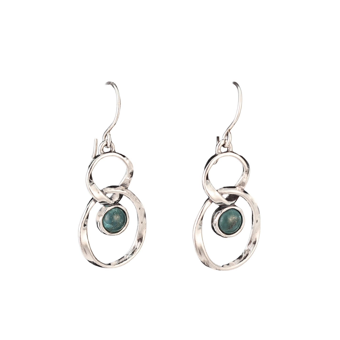 Silver earrings each with two interlocking hoops with eilat stones at the center