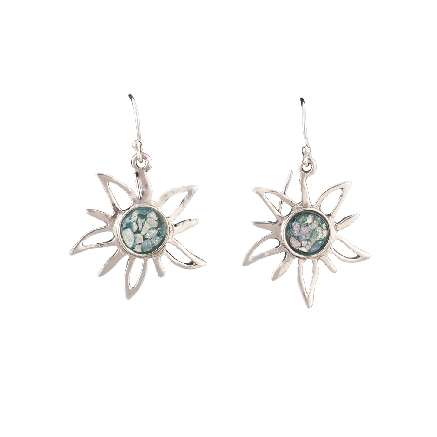Sterling silver sun earrings with Roman glass in the center