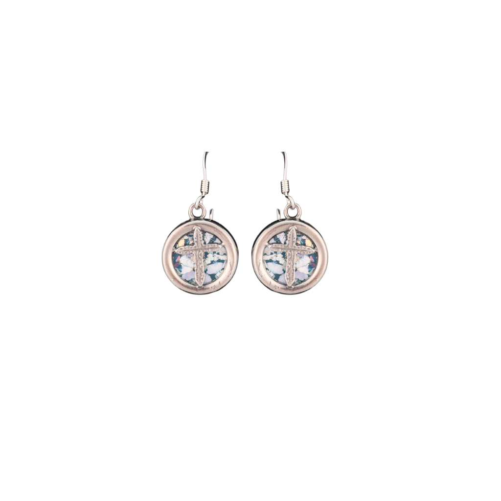 Circular silver dangle earrings with Roman glass and silver crosses