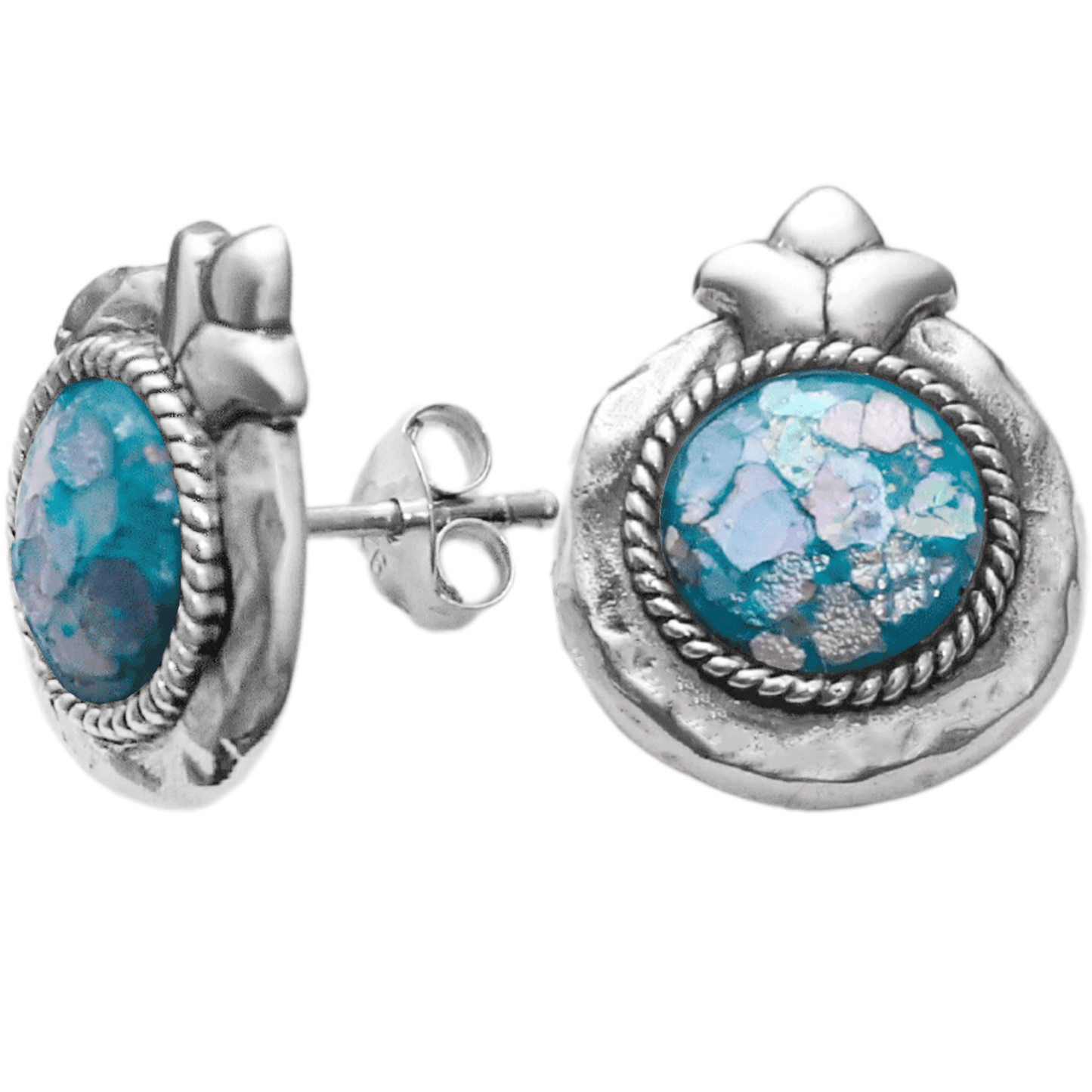 Pomegranate-shaped stud earrings with multicolored roman glass in the center