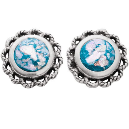Circular-shaped stud earrings with multicolored roman glass in the center