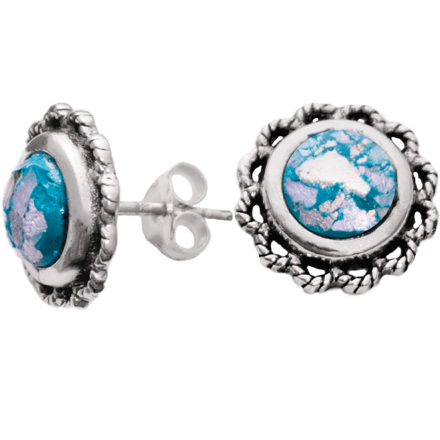 Circular-shaped stud earrings with multicolored roman glass in the center