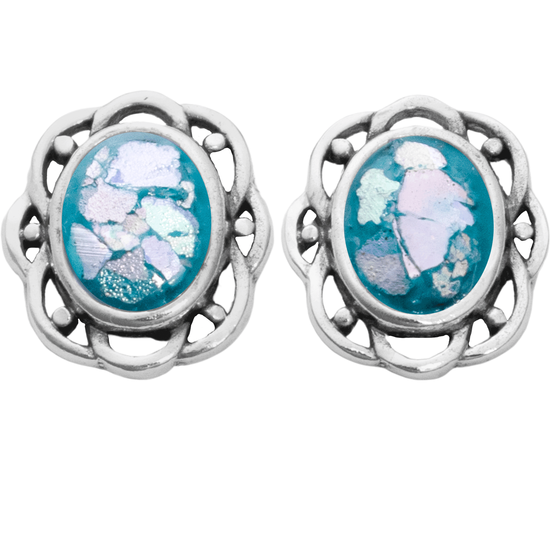 Oval-shaped stud earrings with multicolored roman glass in the center
