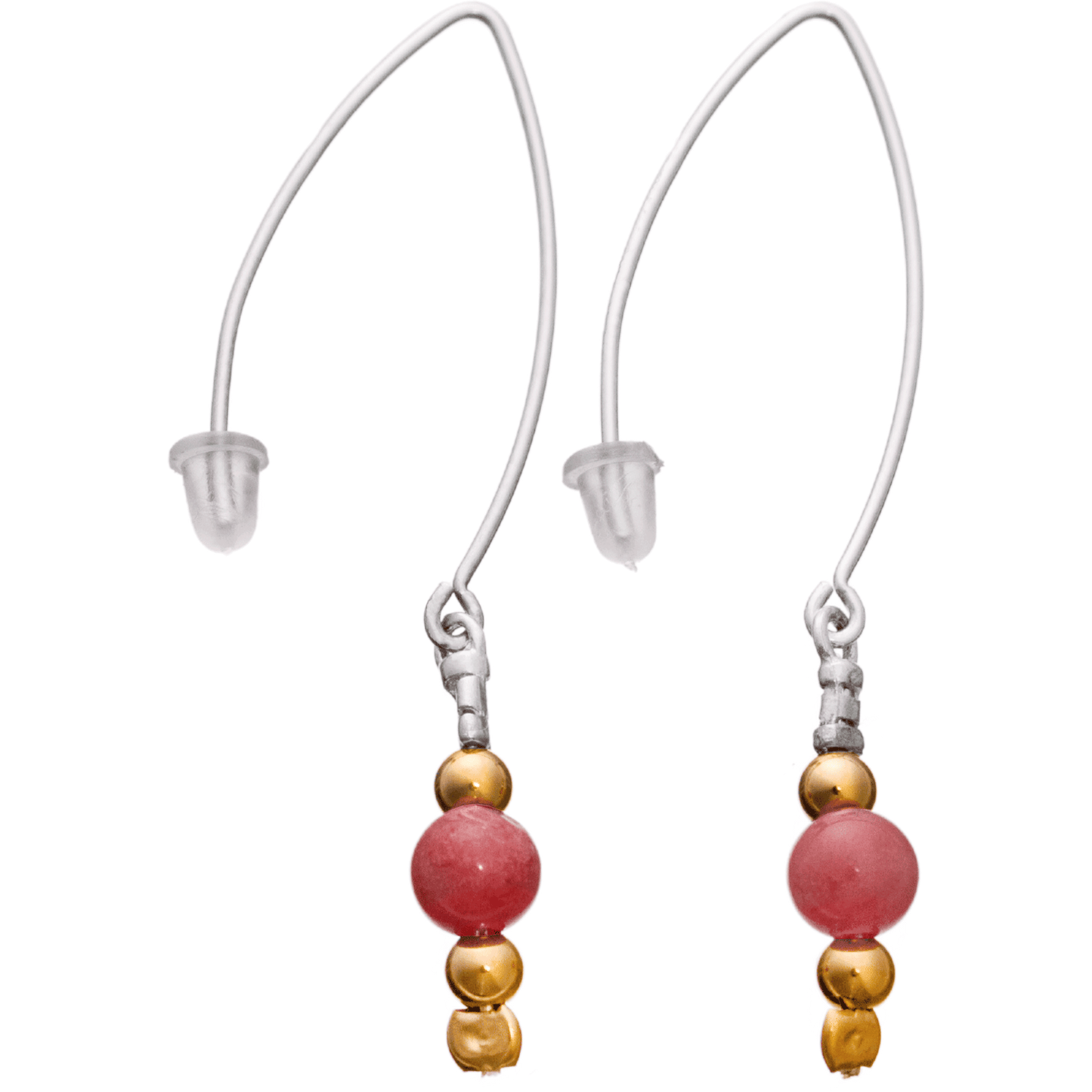 Threader earrings with blush-colored and gold beads