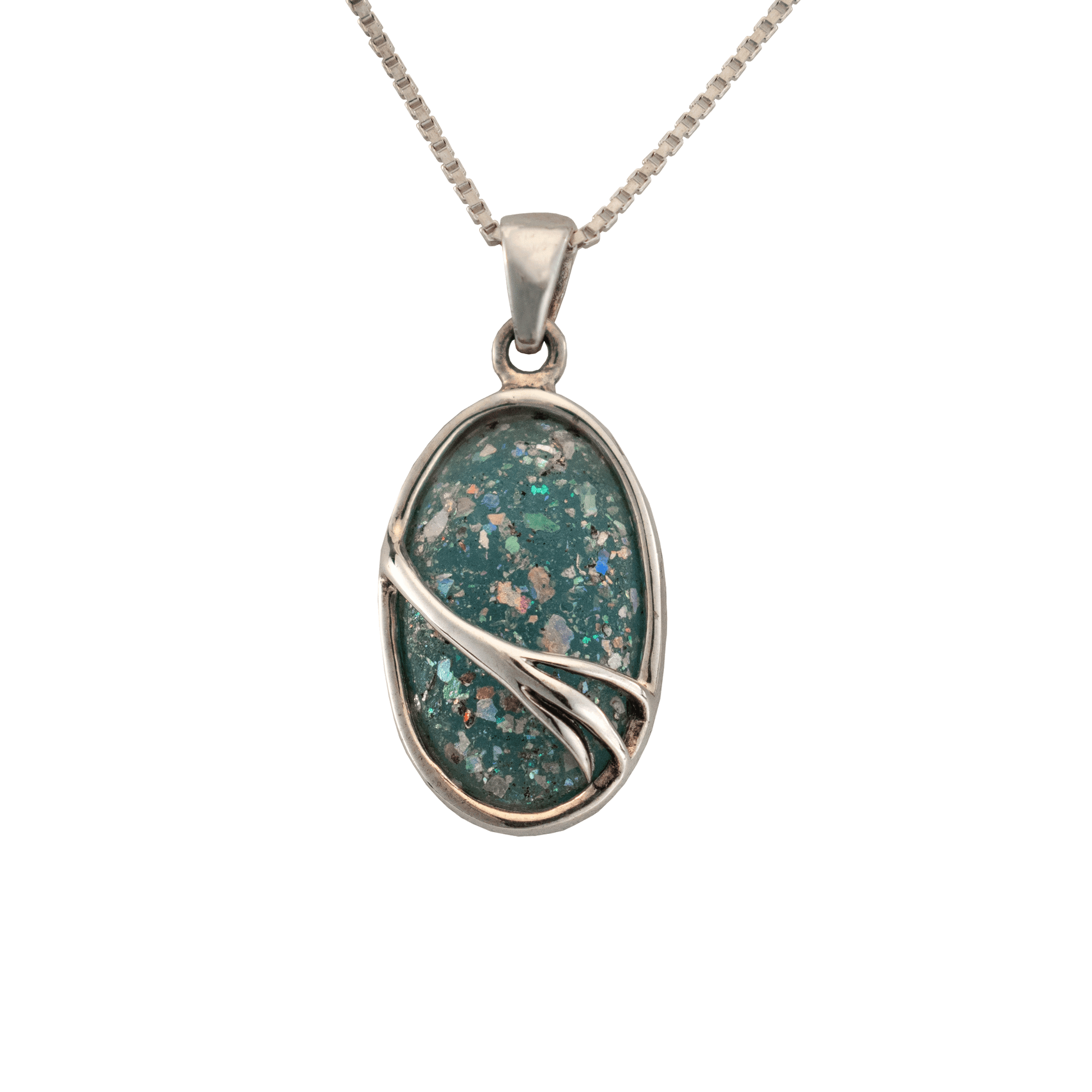 Oval Roman Glass pendant surrounded by decorative silver and silver chain