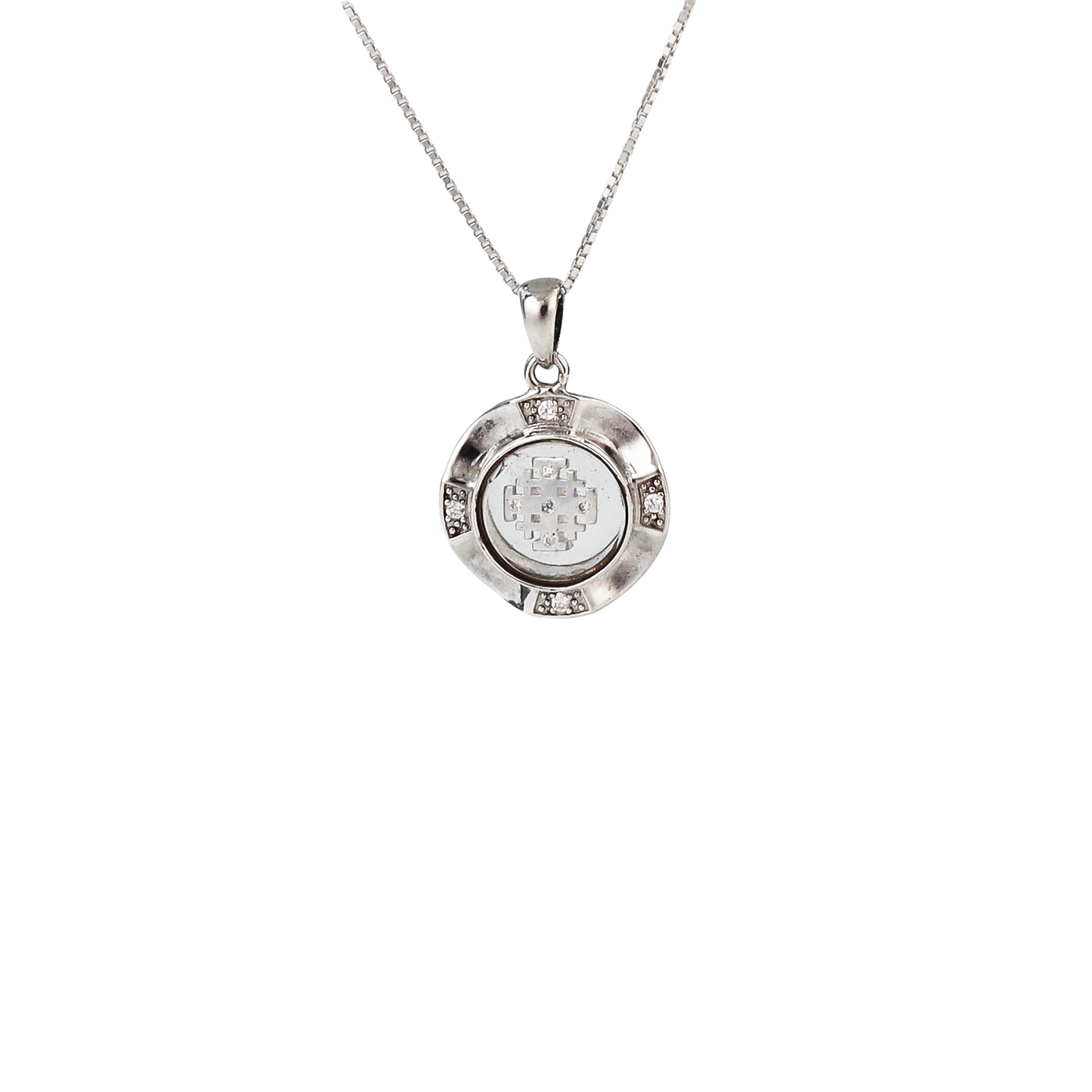Circular silver pendant with Jerusalem cross in the center