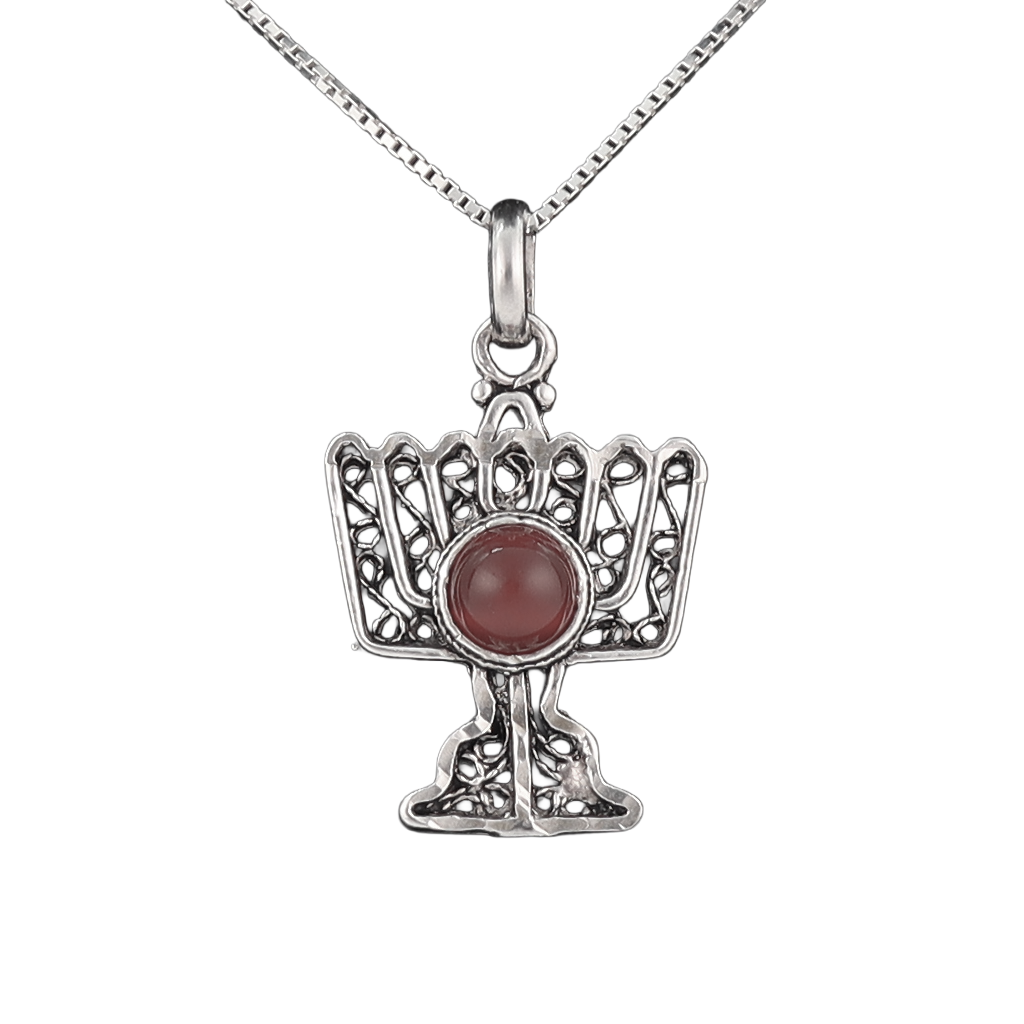 Silver menorah pendant with jasper stone in the center on a silver chain