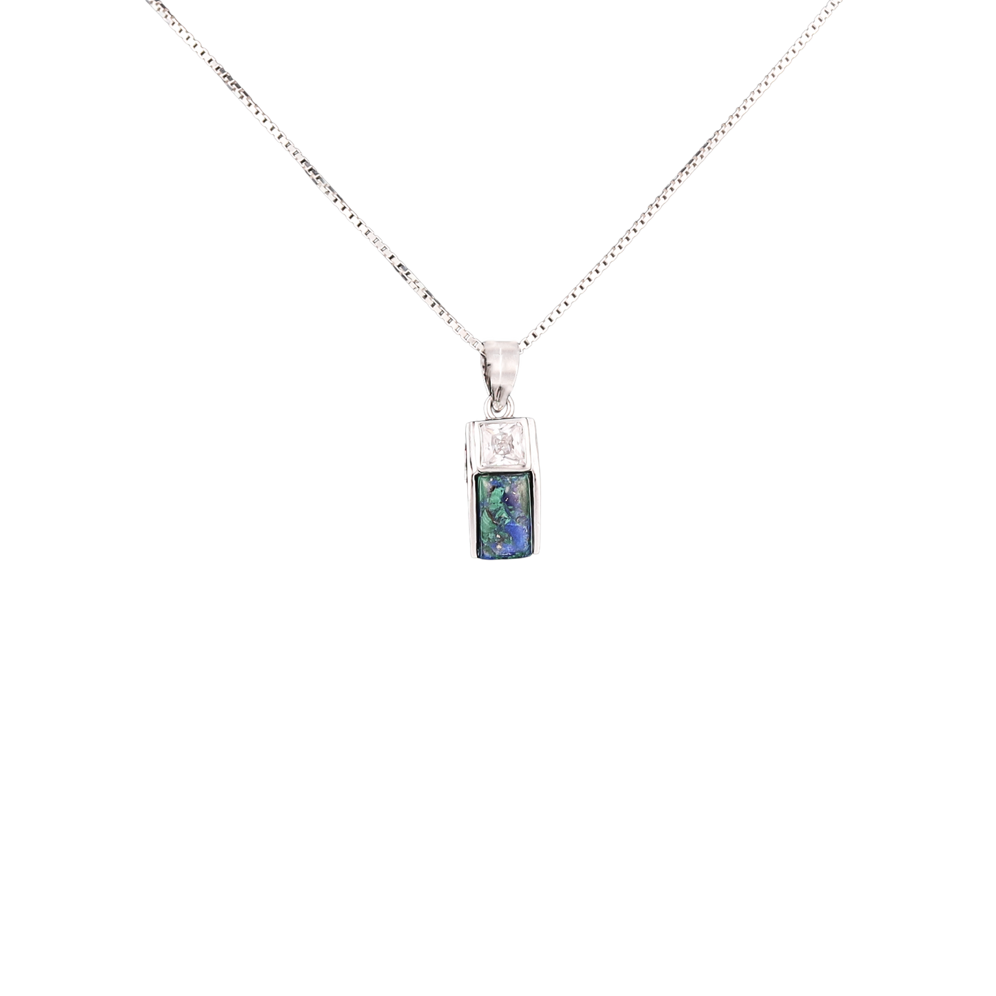 Rectangular Eilat stone pendant with a clear gemstone at the top