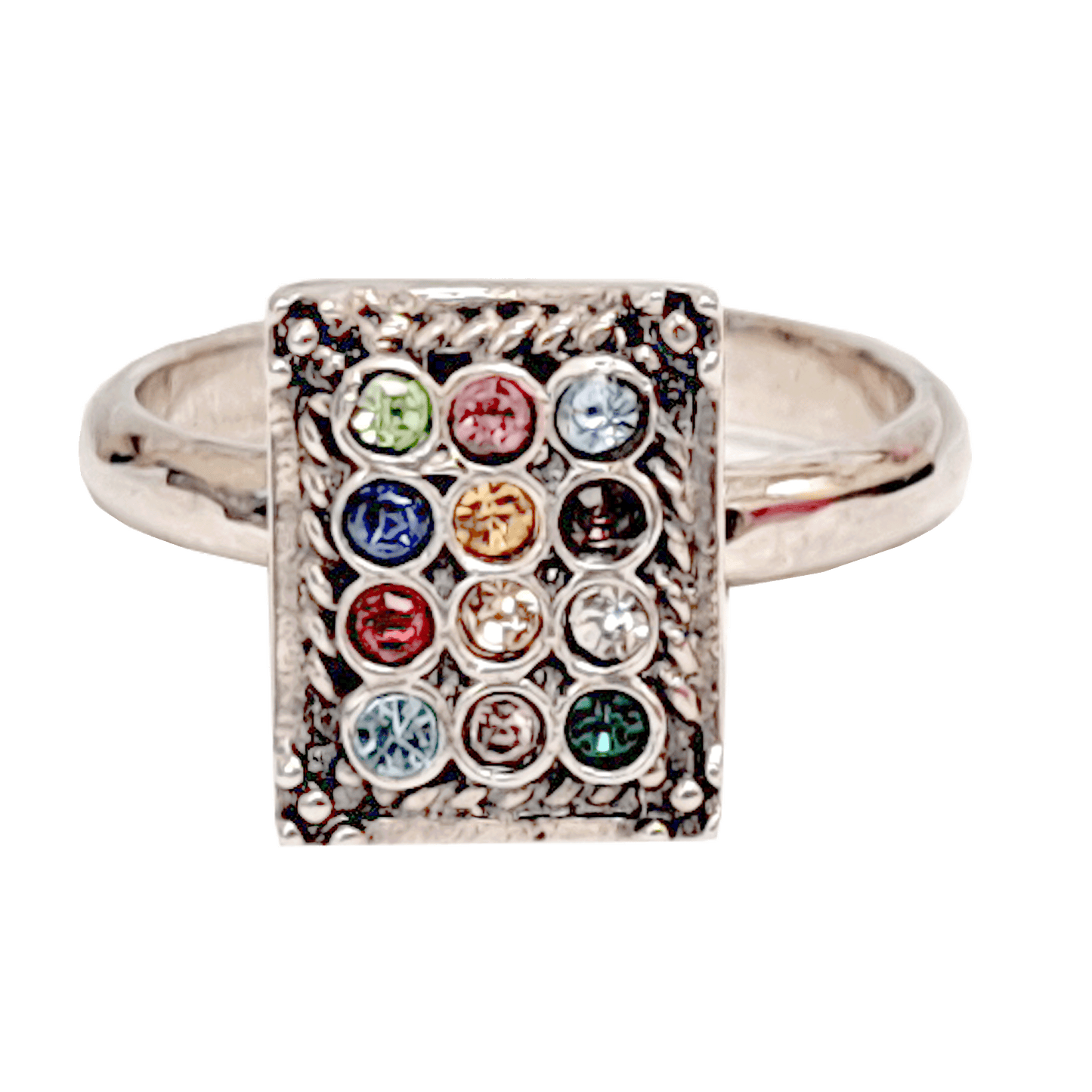Sterling silver ring shaped like the High Priests’s Breastplate containing twelve different colored crystals