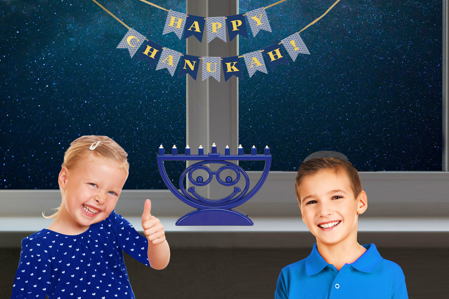 Blue Emoji LED Menorah displayed on a windowsill